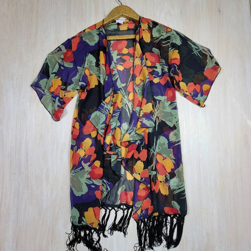 LuLaRoe Floral Multicolor Monroe Fringe Kimono Sheer Boho Coverup Cardigan Small